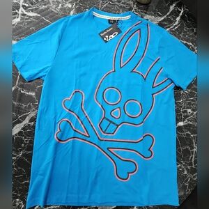 Psycho Bunny Blue Tee with Red-Outlined Bunny Skull Graphic
